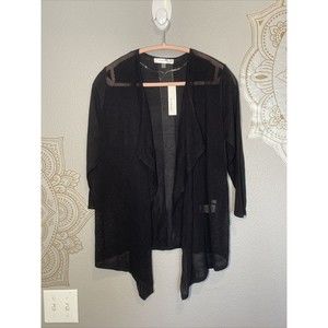 August Silk Cardigan Size Medium Black Open Front Sweater Knit Drape Front NWT